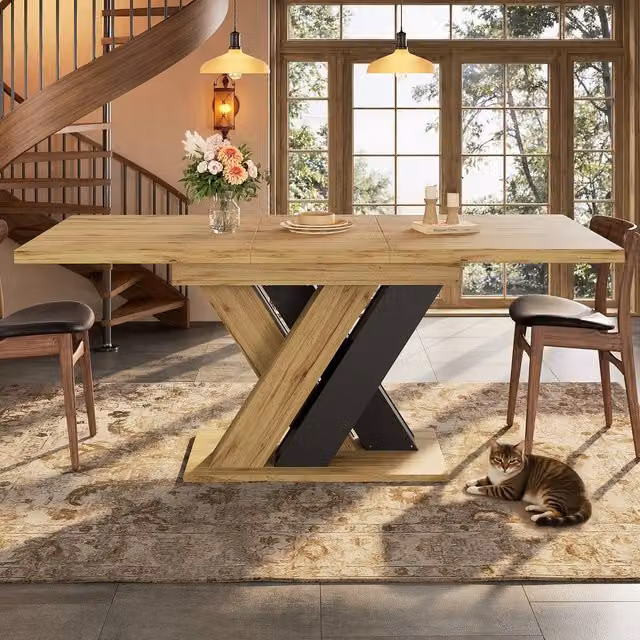 Merax Extendable Rectangular Kitchen Dining Table with X-Frame Legs in Brown
