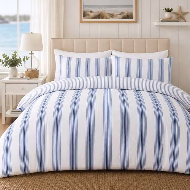 Velosso Reversible Striped Duvet Cover and Pillowcase Set in Blue and White