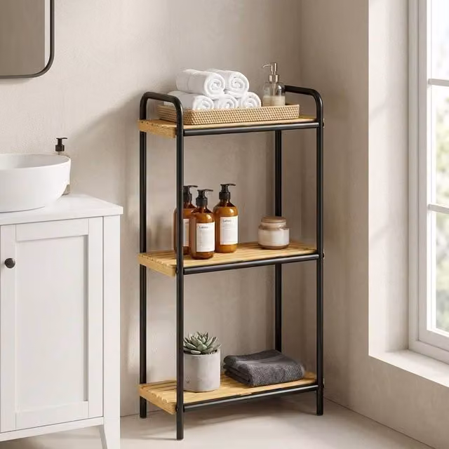 STILVORA 3 Tier Freestanding Storage Shelf with Black Lacquered Bamboo Slatted Shelves