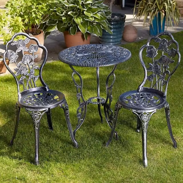 Home Source Bistro Set Outdoor Patio Garden Round Table and 2 Chairs with Metal Frame in Matt Dark Grey