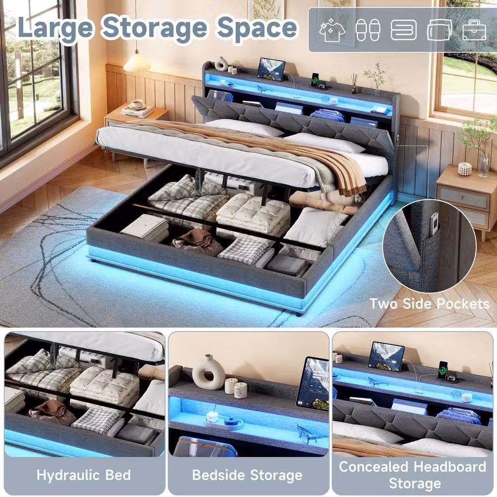 BTM Super King Upholstered Ottoman Bed Frame in Grey with LED Under-bed Lighting, USB Charging Port and Bedside Shelf, W/D/H: 180 x 200 x 111 cm – 1