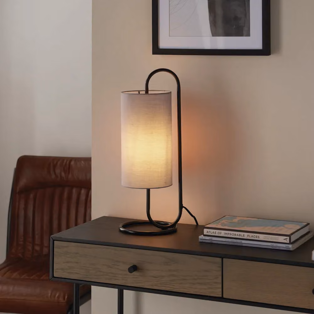 Loops Modern Matt Black Oval Table Lamp with Grey Fabric Cylinder Shade – 3