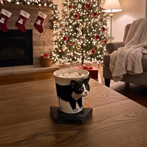 Handmade Ceramic Black Cat Design Mug in Black and White with 3D Cat Handle – 5