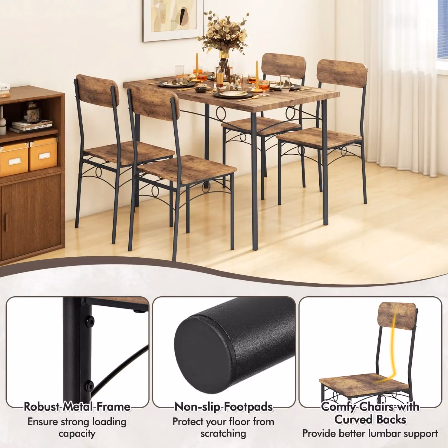 Gymax 5-Piece Industrial Dining Table and Chair Set, Brown – 3