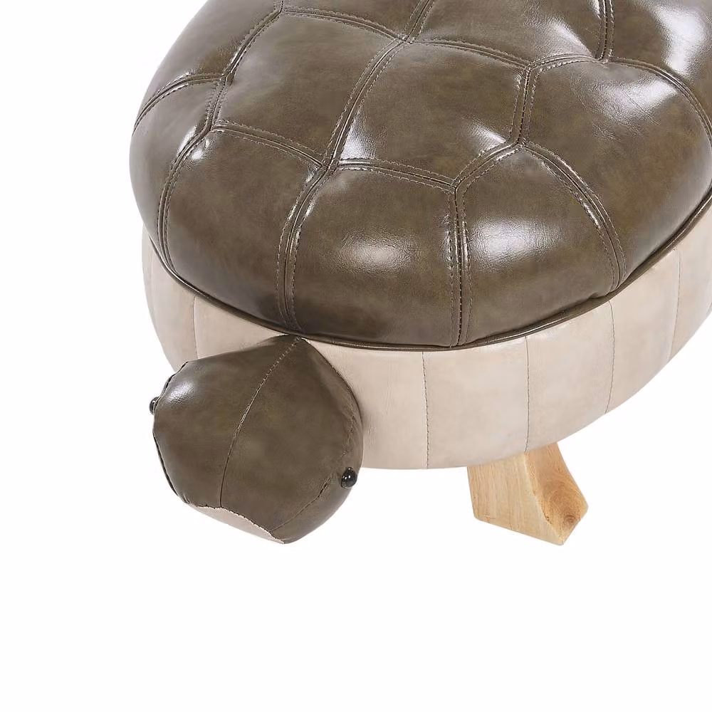 Wyld and Coco Turtle Stool in Green Faux Leather with Rubberwood Legs – 5
