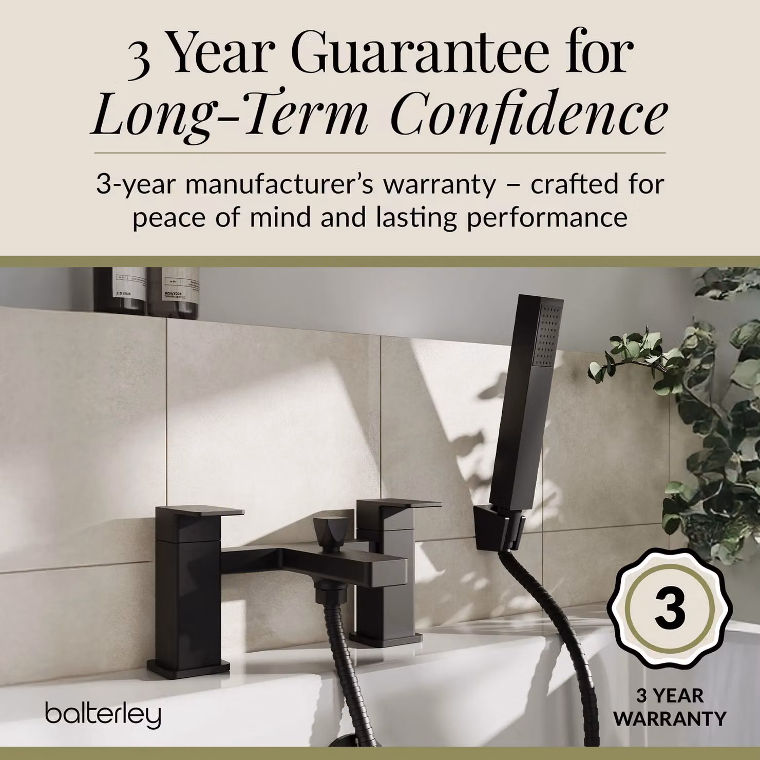 Balterley Square Bath Shower Mixer Tap with Dual Levers and Shower Kit, Matt Black, W/D/H: 22.8 x 15.2 x 11.9 cm – 5