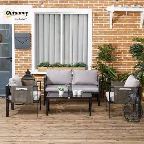 Outsunny 4 Piece Modern Garden Furniture Set in Grey with Powder Coated Steel Frame, Textilene Fabric, Upholstered Cushions and Glass Coffee Table – 2