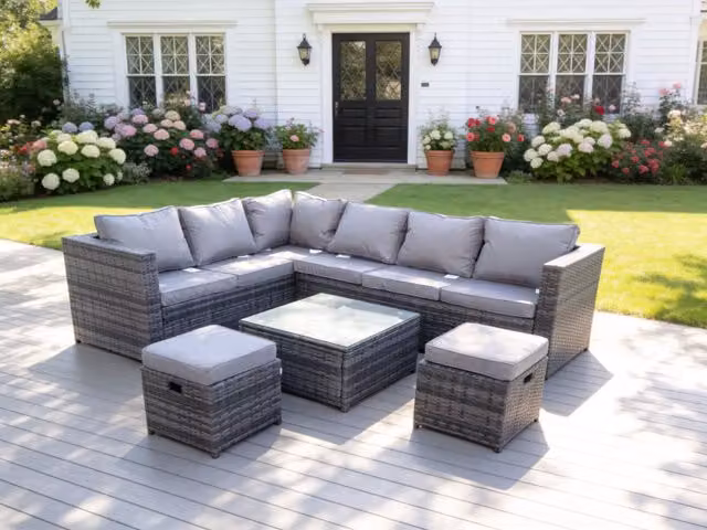 Fimous 8 Seater Grey Polyrattan L-Shape Corner Sofa Set with Coffee Table and Ottoman – 1
