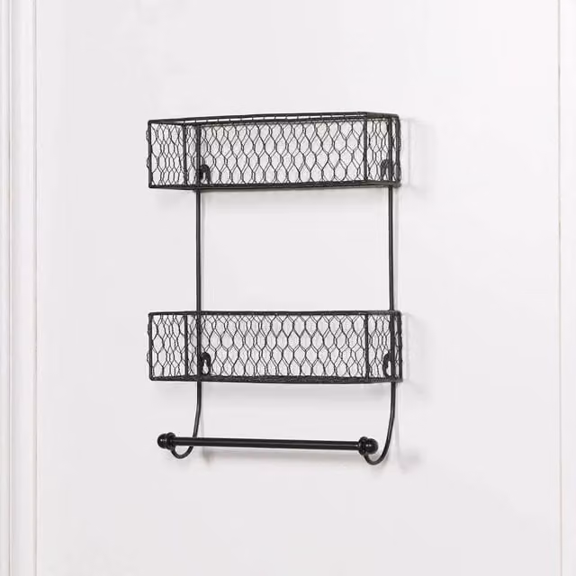 PAWNORA Wall Mounted Black Metal Spice Rack and Kitchen Roll Holder with Shelf