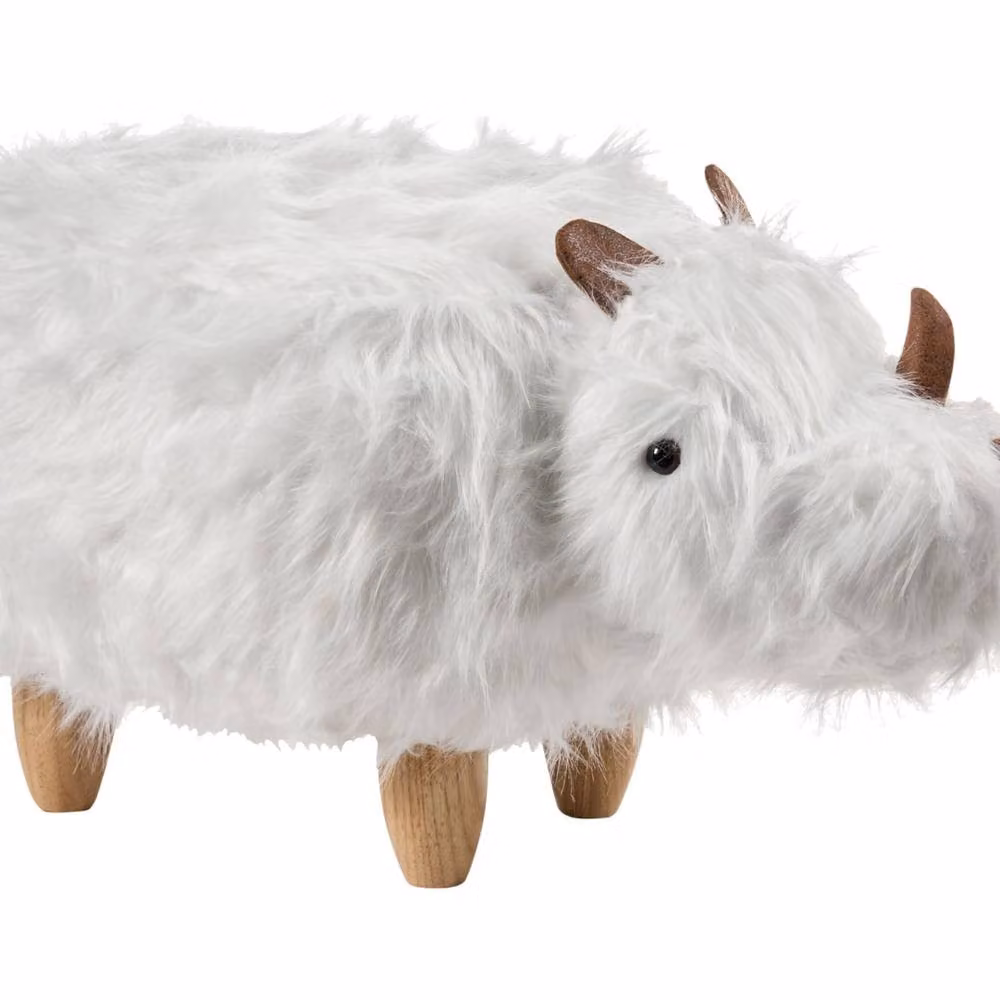 Wyld and Coco Rhino Kids Stool in White Faux Fur with Rubberwood Legs – 2