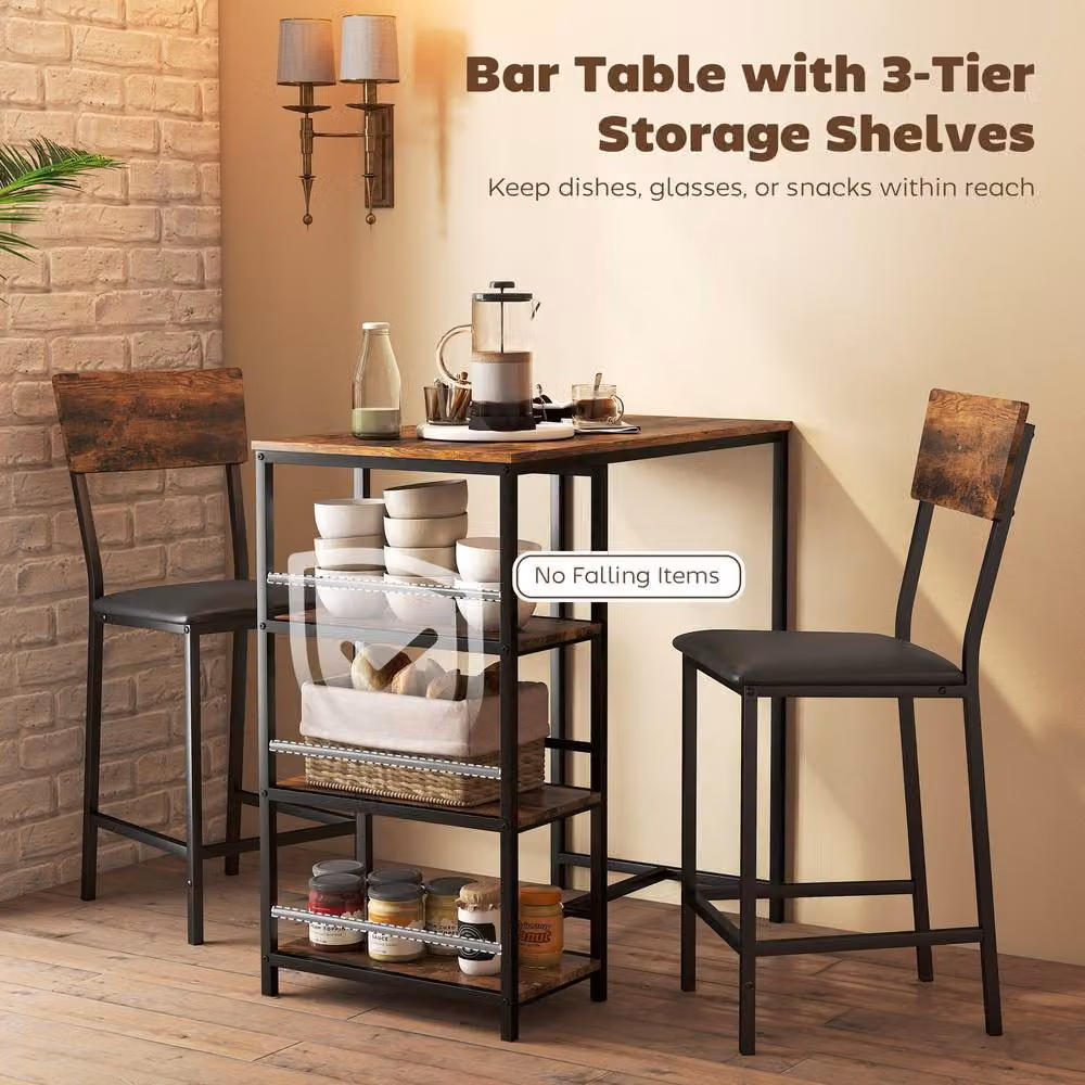 STILVORA Bar Table and Chairs Set with Storage in Rustic Brown – 5