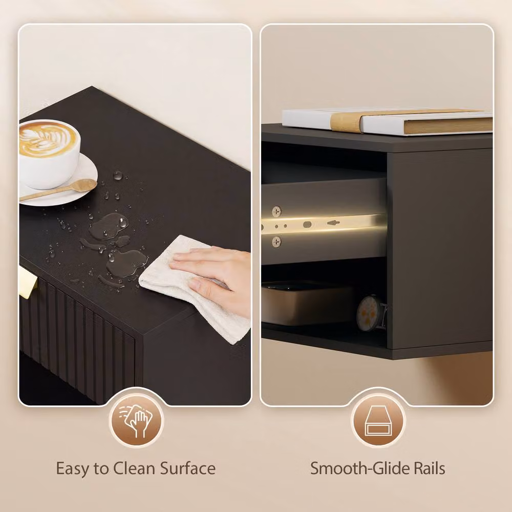 STILVORA Wall Mounted Nightstand Set with Fluted Drawer in Black – 6