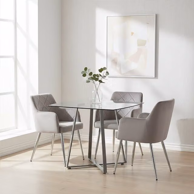 Premier Housewares Modern Square Glass Dining Table with Geometric Lattice Base, Grey, W/D/H: 90 x 90 x 76 cm – 1