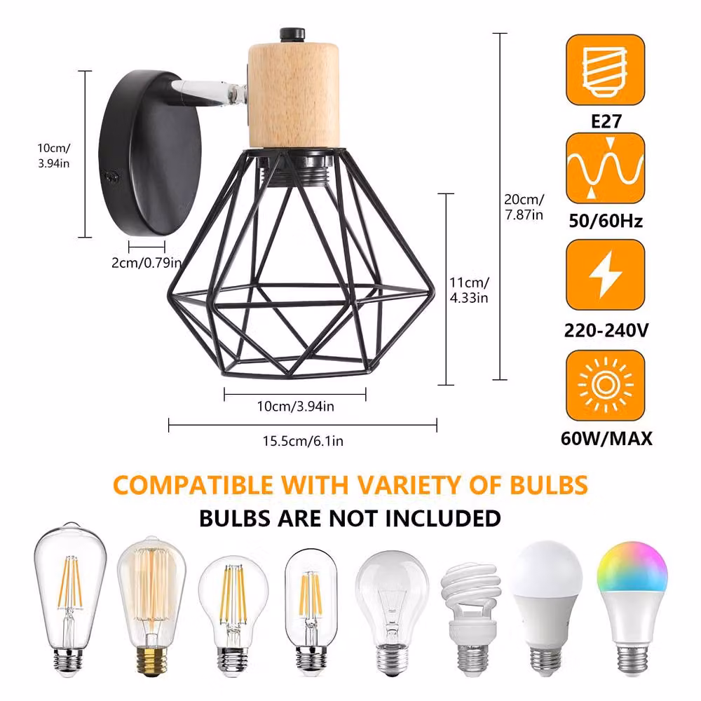 Pheashine Industrial Black and Wood Wall Lamp with E27 Bulb for Bedrooms, Living Rooms and Hallways – 2