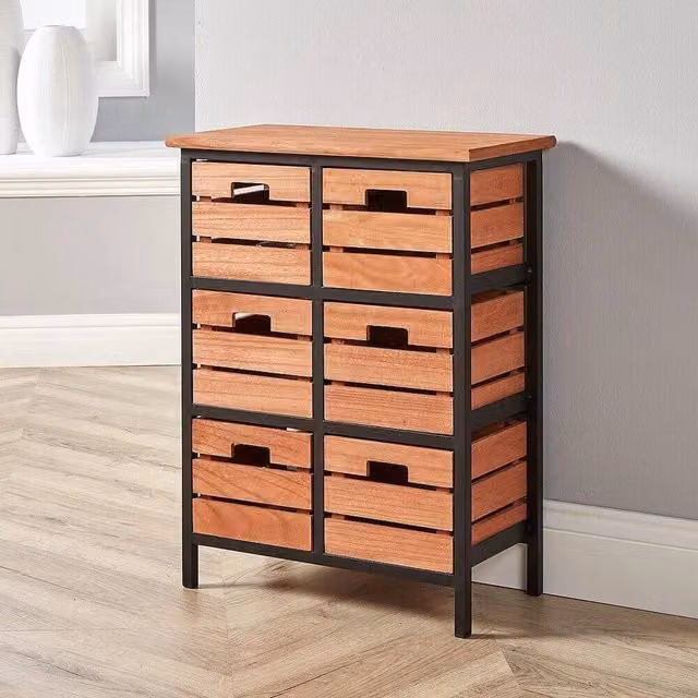 FORGEVIO 6 Drawer Tall Chest Solid Wood Bedroom and Home Office Storage Organiser in Brown and Black