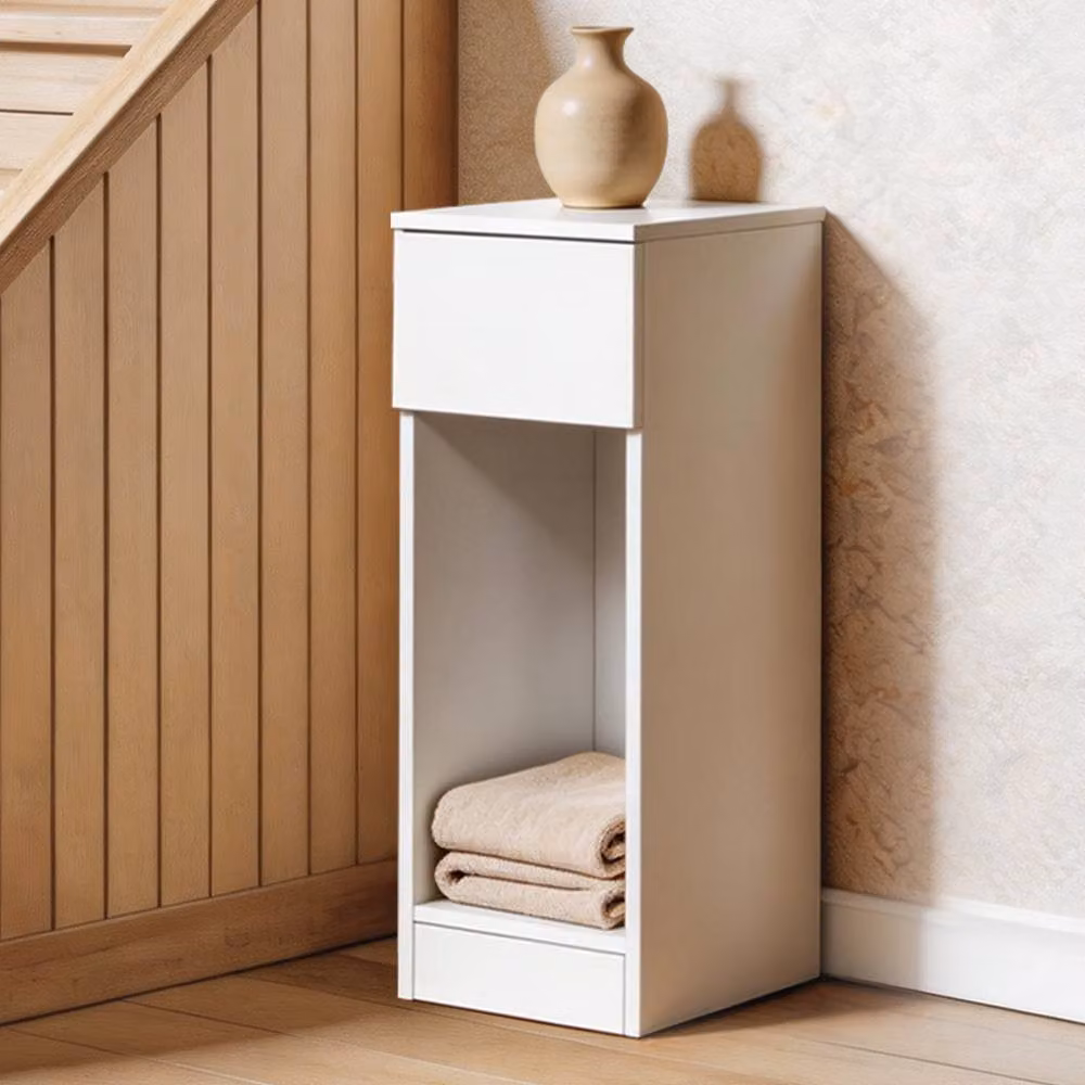 Levede Narrow Slim Bedside Table Cabinet with Drawer and Open Shelf in White – 3