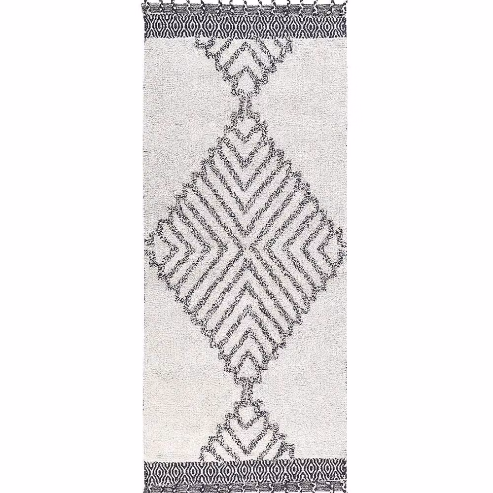 Wyld and Coco Handwoven Cotton Geometric Rug in Black and White with Tassels, W/L: 80 x 150 cm – 1