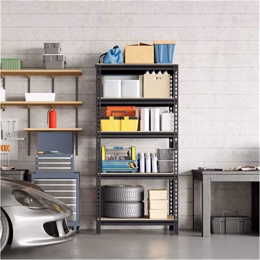 Nordara 5 Tier Metal and MDF Garage Storage Shelving Unit, Black, H 150 x W 30 x D 30 cm – 3