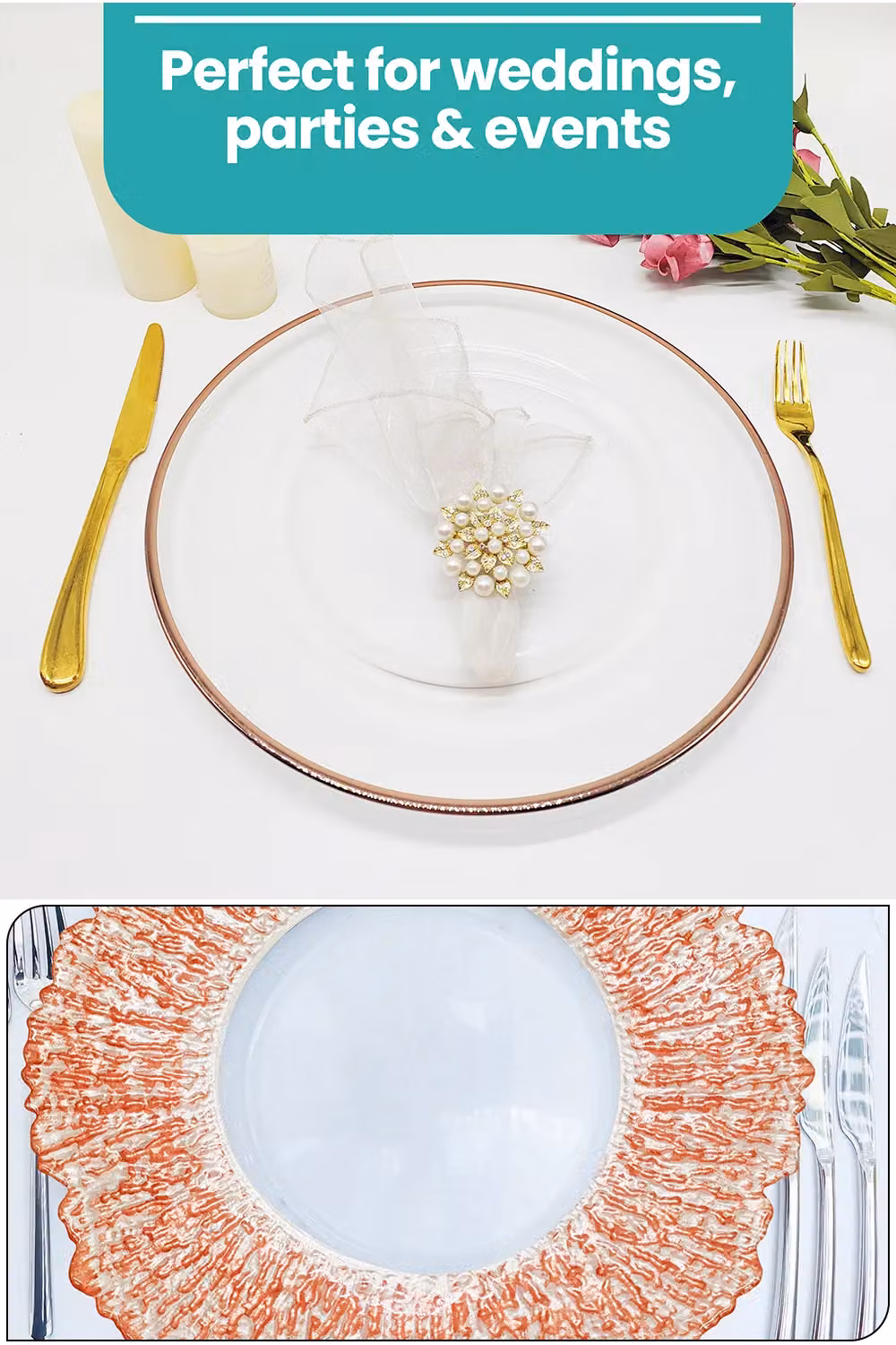 Neel Blue Set of 6 Clear Glass Charger Plates with White Diamante and Pearl Flower Design, Diameter: 33 cm