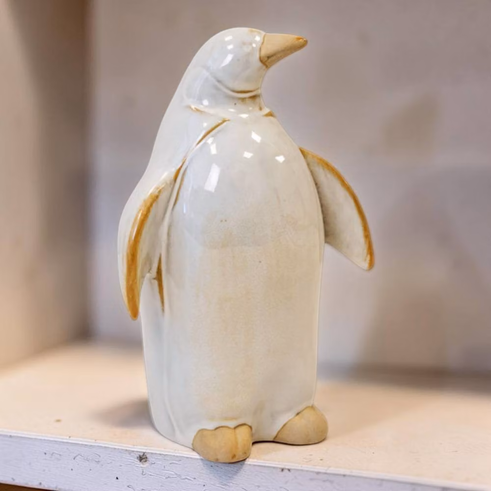 Four Candle Large Stone Glazed Ceramic Penguin Ornament in White and Beige – 2