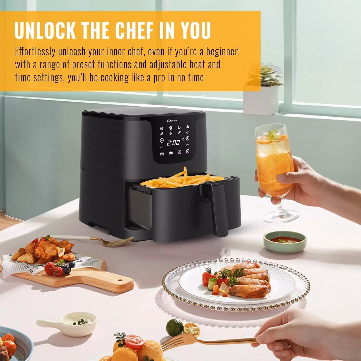 PureMate 5.5L Digital Air Fryer in Black with LED Display, Timer and Dishwasher Safe Parts – 8