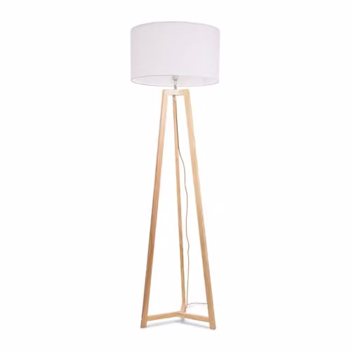 ValueLights Lottie Natural Wood Tripod Floor Lamp with White Fabric Drum Shade