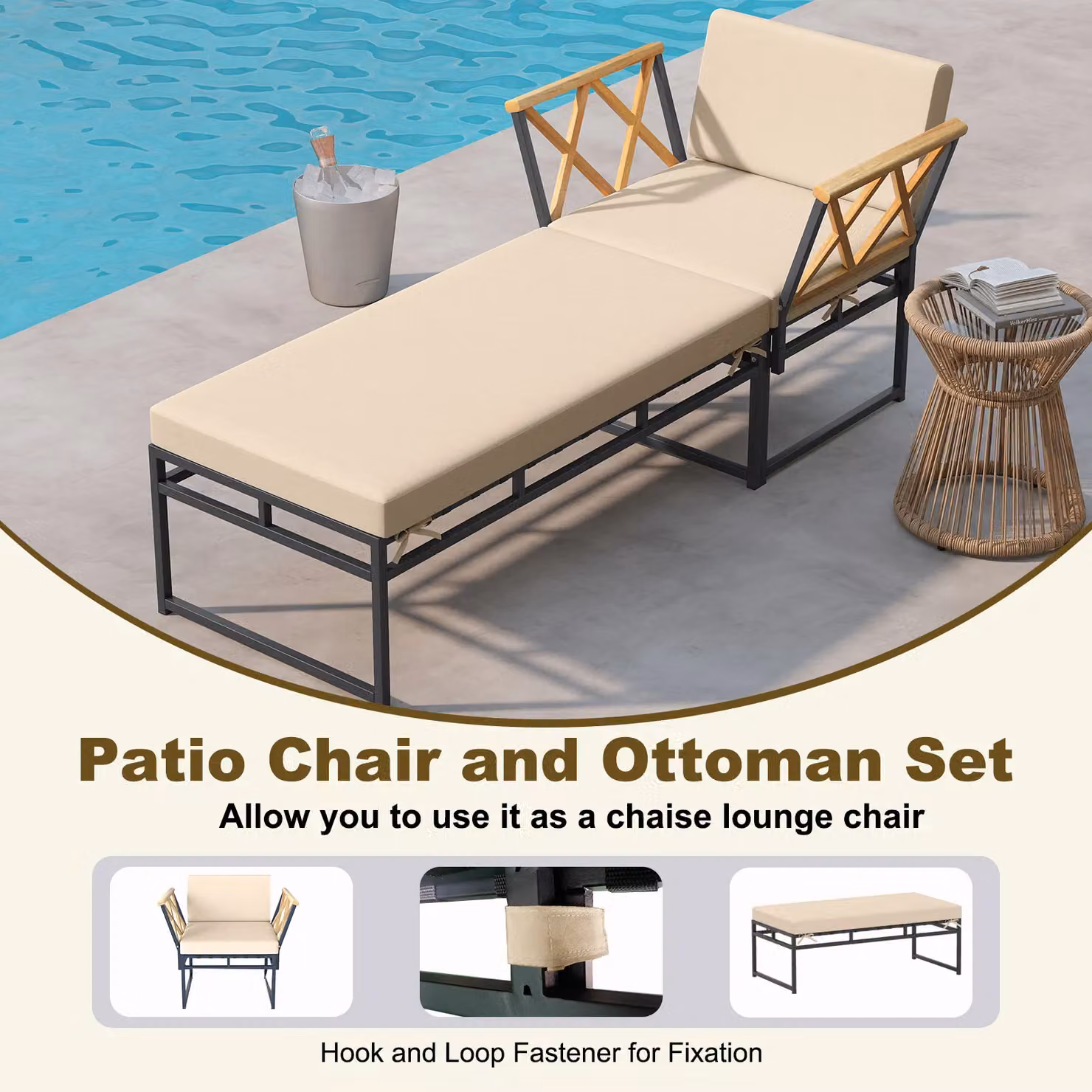 Costway 2 Piece Patio Furniture Set with Acacia Wood Armchairs and Matching Ottoman in Brown and Beige – 2
