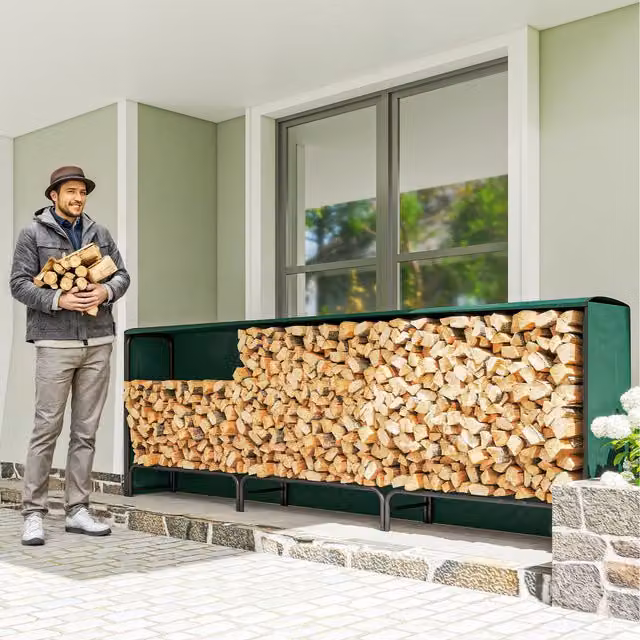 Outsunny Firewood Rack with Waterproof Cover, Green, W: 300 cm, D: 36 cm, H: 99 cm