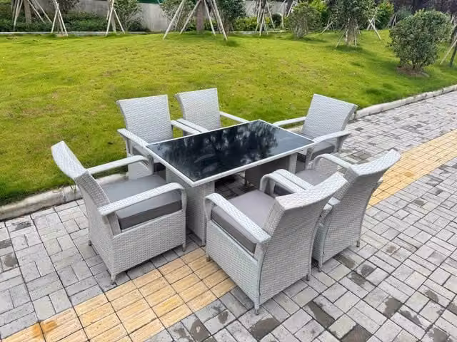 Fimous Modern Rattan Outdoor Furniture Set with Black Tempered Glass Table and 6 Light Grey Chairs