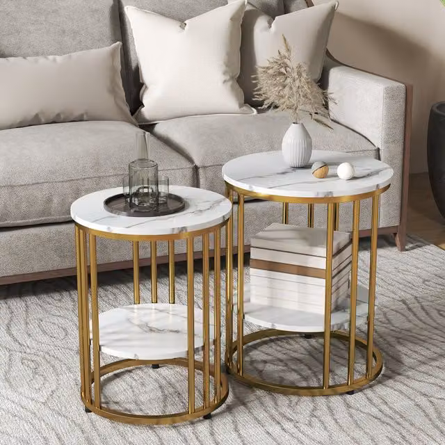 HOMCOM Set of 2 Round Nesting Coffee Tables with Marble Tops and Gold Tone Metal Storage Shelves