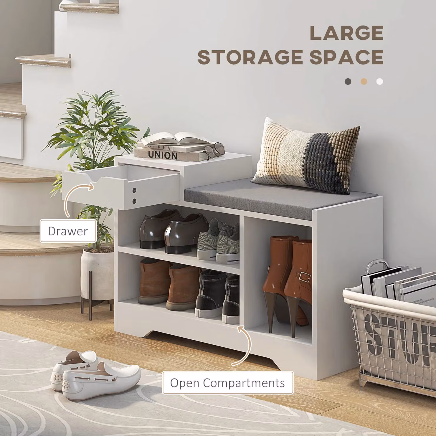 HOMCOM Upholstered Entryway Shoe Bench with Storage Drawer and Open Shelf in White – 3