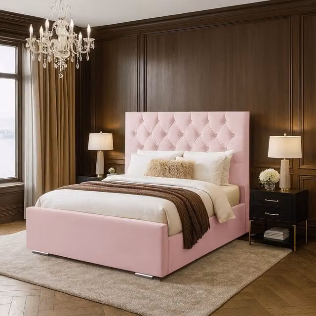 Desire Deco Lea Upholstered Velvet Bed Frame in Pink, W/D/H: 180 x 200 cm