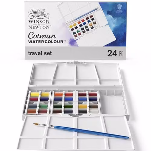 Winsor & Newton Cotman Watercolour Travel Set with 24 Half Pans and Round Brush, Multicolour