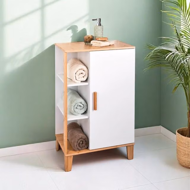 Showerdrape Varallo Matt White and Bamboo Freestanding Bathroom Floor Cabinet with Internal Shelves and Hinged Doors