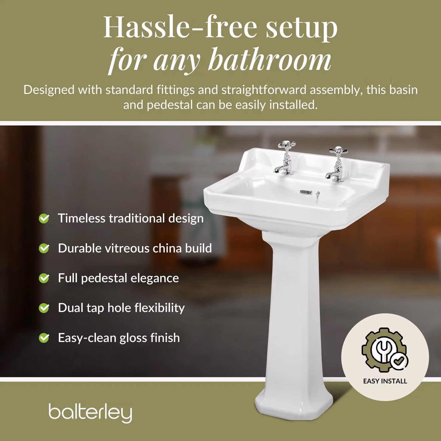 Balterley Traditional Rectangular Ceramic 2 Tap Hole Basin with Full Pedestal, White, W: 56 cm, D: 48 cm, H: 91.5 cm – 3
