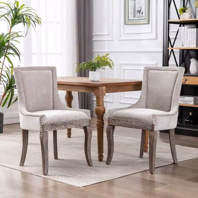 HomeTouch Set of 2 Bewley Plush Linen Upholstered Dining Chairs in Beige