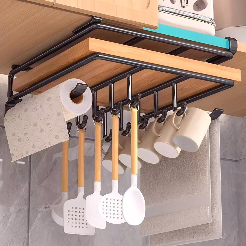 Living and Home Black Metal Under Cabinet Hanging Cutting Board Storage Rack with Roll Holder and Hooks, Size XL – 2
