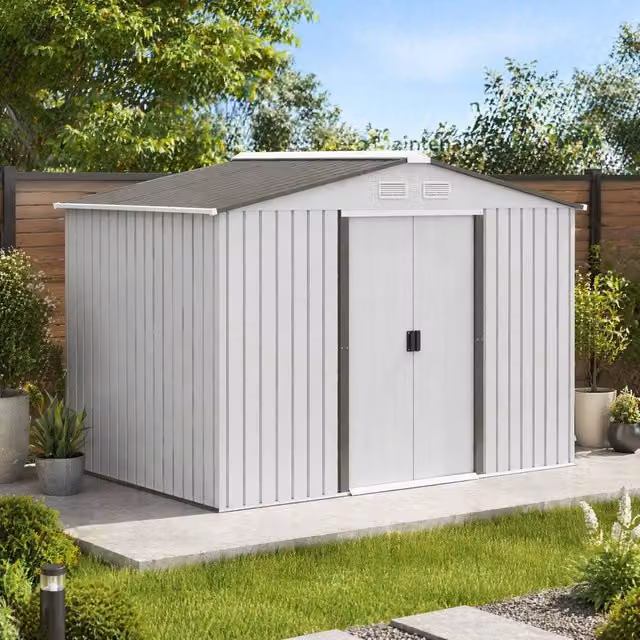 STILVORA Modern Steel Garden Shed in Silver with Sliding Double Doors – 1