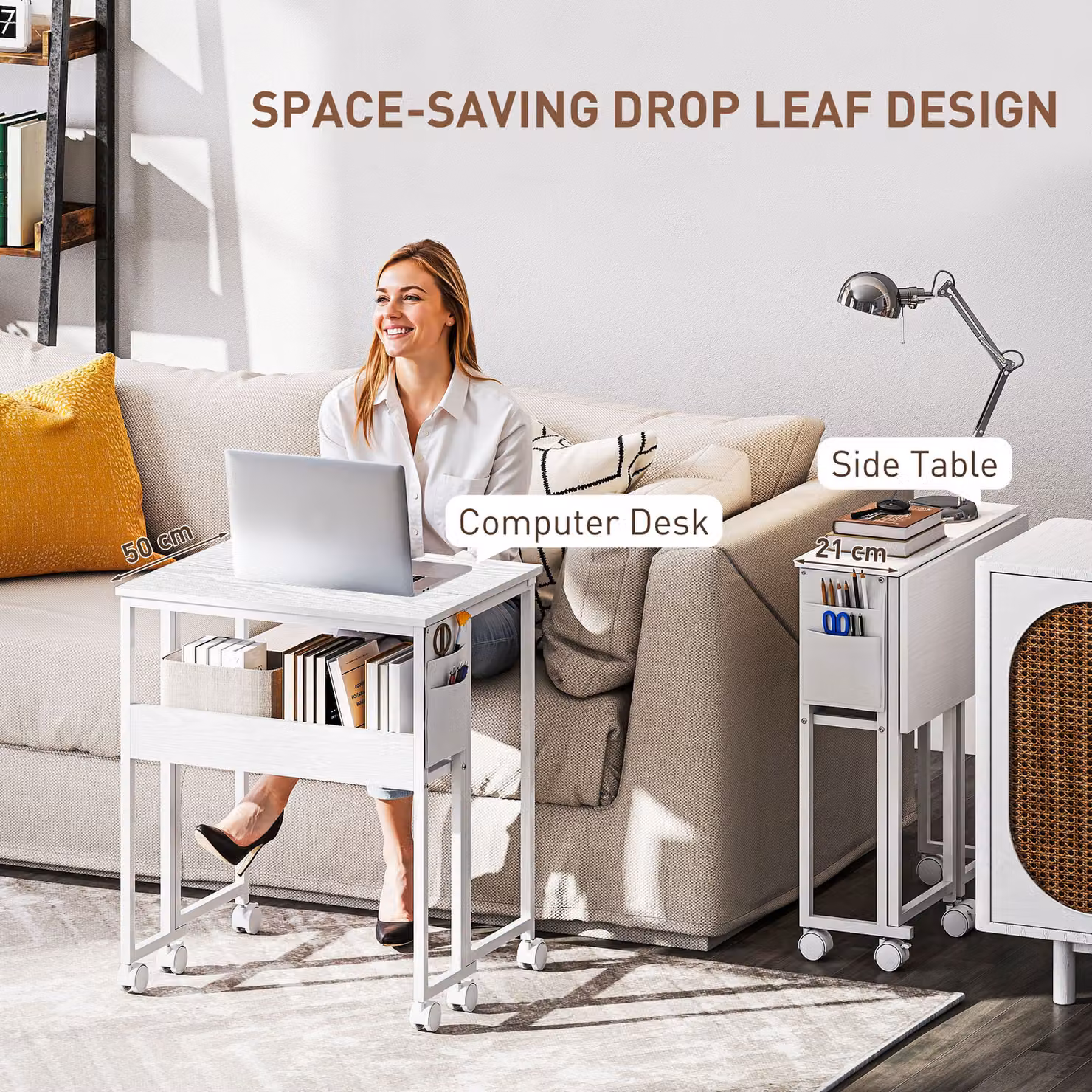 HOMCOM White Drop Leaf Writing Work Desk with Castors – 2