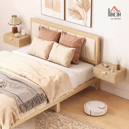HOMCOM Set of 2 Modern Floating Nightstands with Wave Drawers in Oak, W: 40 cm, D: 30 cm, H: 15 cm – 2