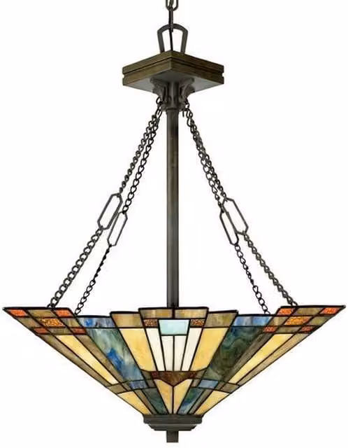 Inglenook 3 Light Tiffany Style Ceiling Pendant in Bronze with Multicolour Glass, Diameter: 44.5 cm