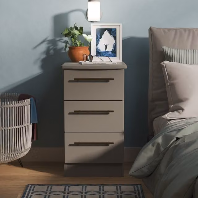 Haworth Ready Assembled 3 Drawer Bedside Cabinet in Dusk Grey with Gold Accents