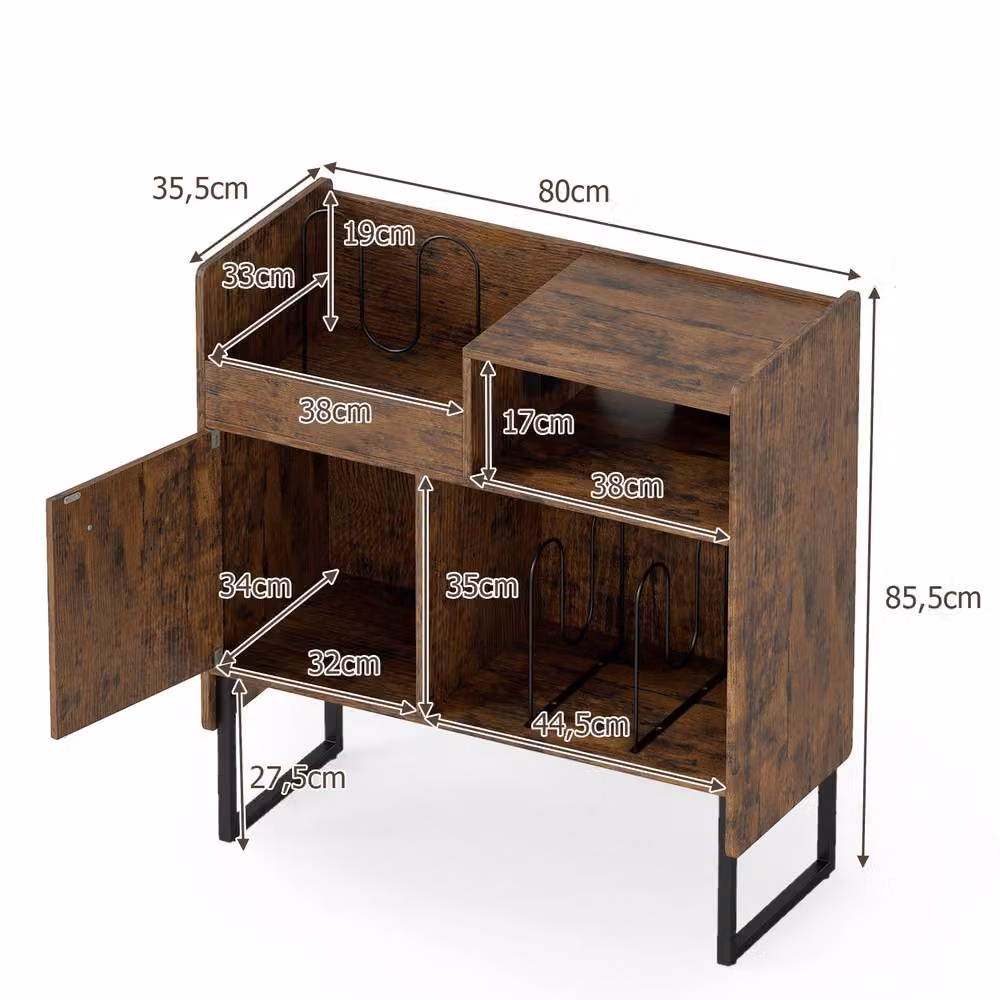 Costway Industrial Record Player Stand with Power Outlets and Media Compartments in Brown – 2
