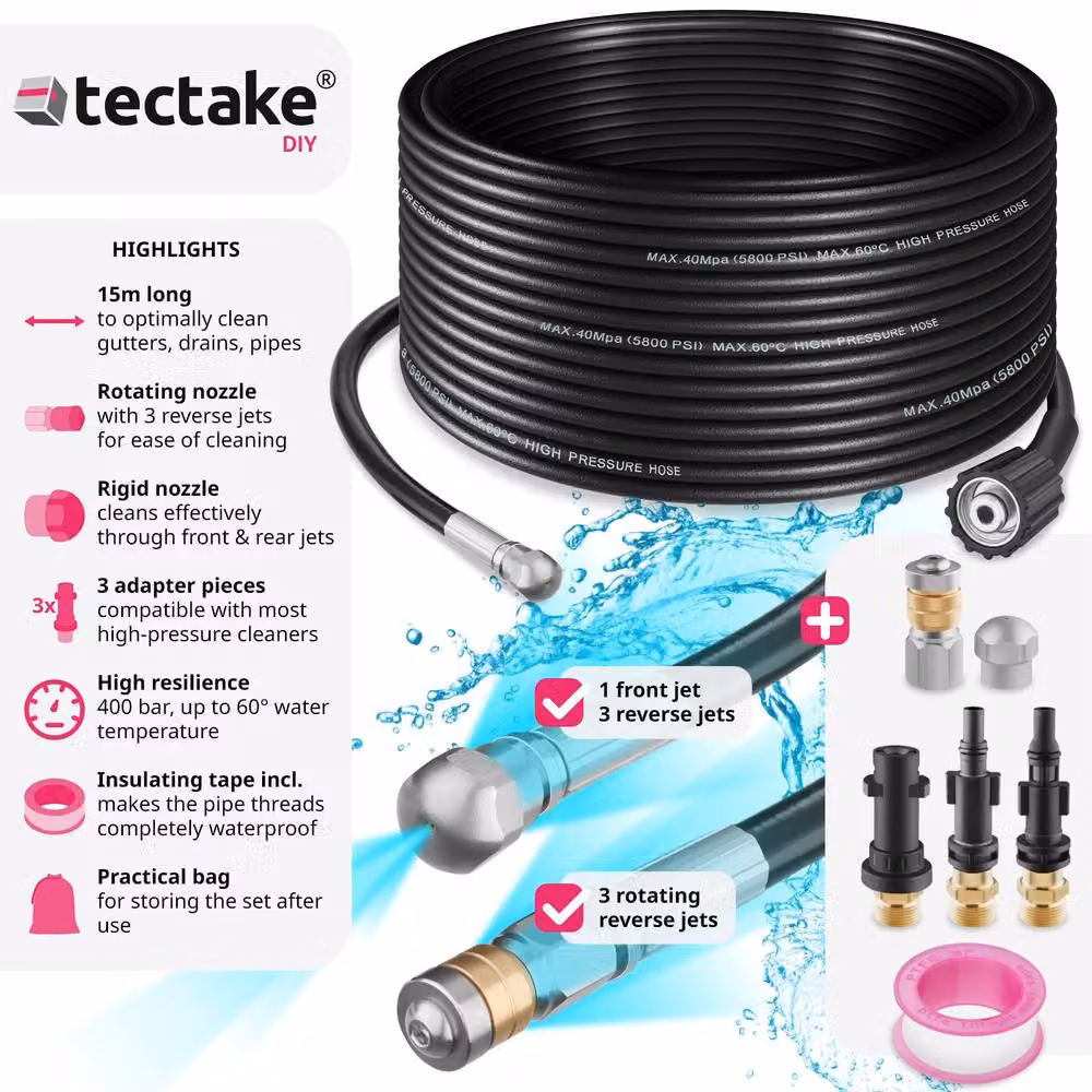 tectake Pipe Cleaning Hose Set with Stainless Steel Nozzles and Adapters, Black, 15m – 9