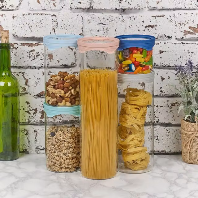 Homiu 5-Piece Airtight Glass Food Container Set with Silicone Lids, Transparent, BPA-Free and Stackable