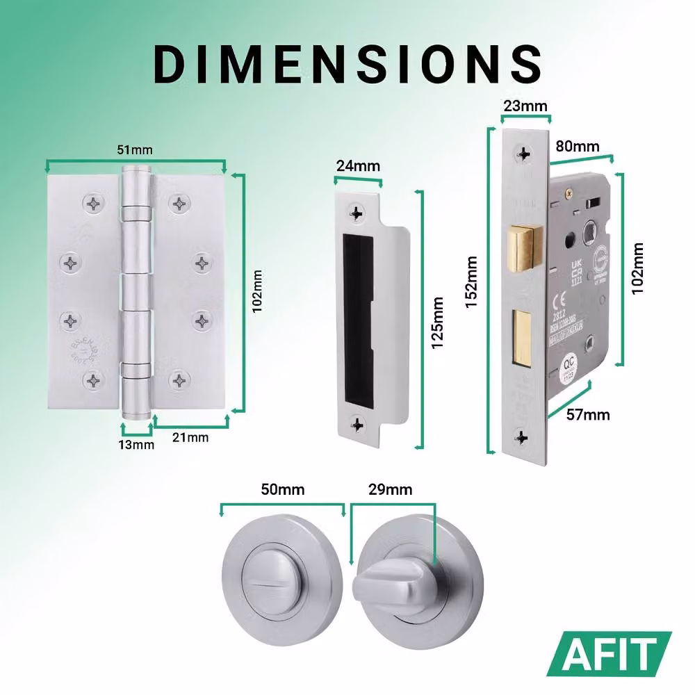 AFIT Satin Chrome Fire Door Handle Bathroom Set with Internal Lock and Hinges in Silver – 3