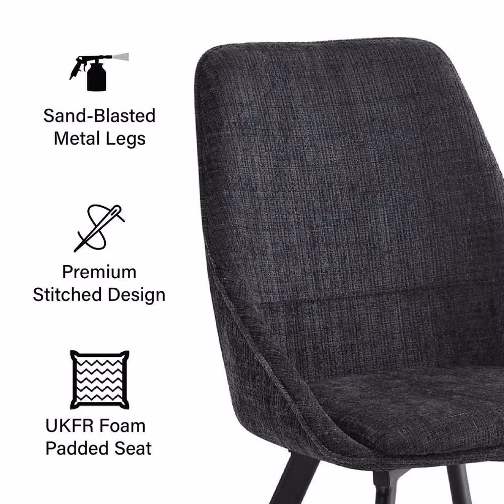 KORVIXA Pack of 2 Modern Black Fabric Upholstered Dining Chairs with Metal Frame – 4