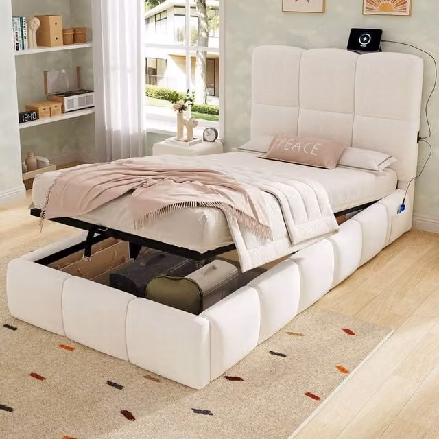 ModernLuxe Kids Single Ottoman Bed with Upholstered Velvet Headboard and USB Charging Port, Beige, W/D/H: 90 x 190 x 105 cm – 1