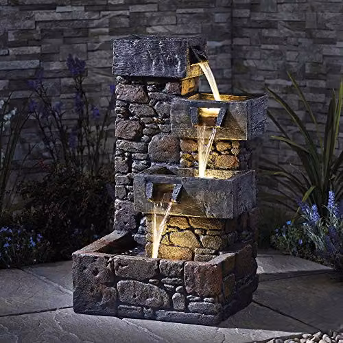 Serenity Cubic Cascading Pebble Wall Water Feature with LED Lights in Brown, Height: 79 cm – 3