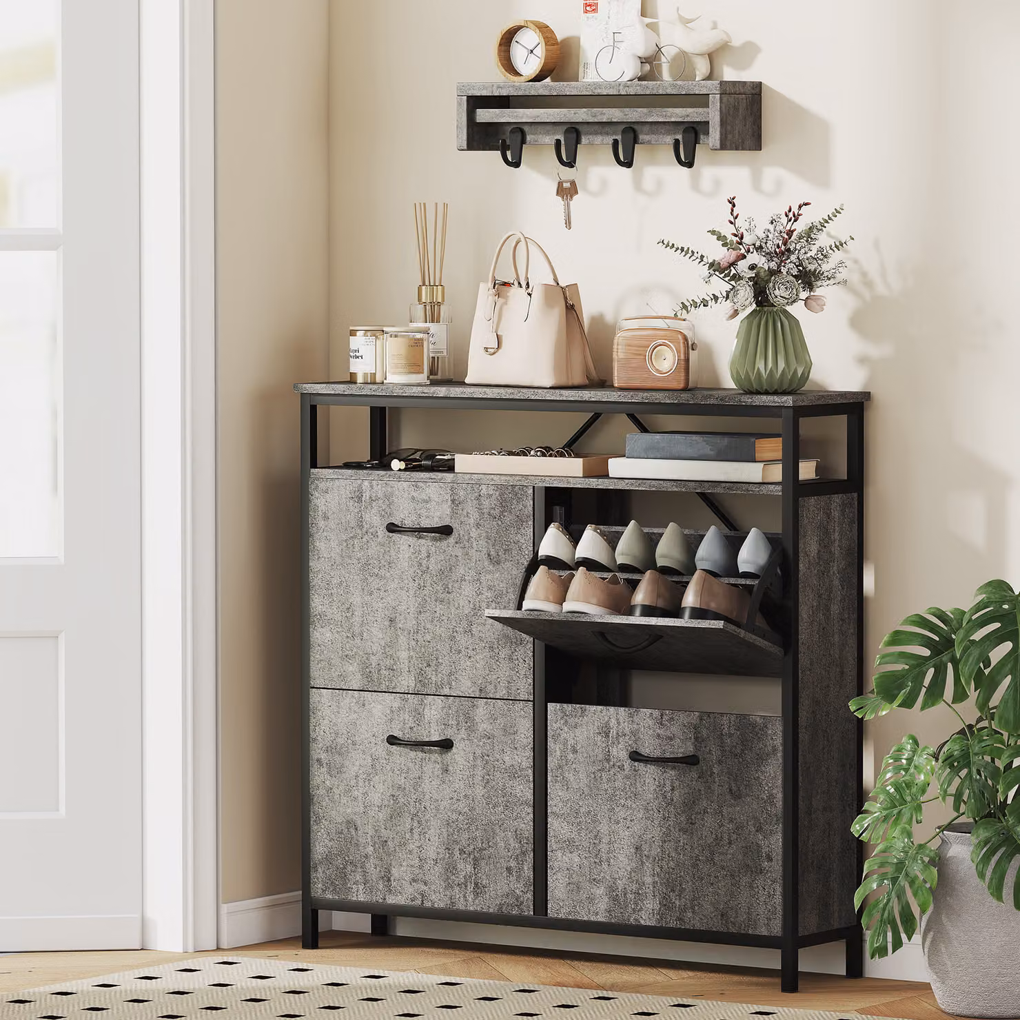 HOMCOM Industrial Shoe Storage Cabinet with 4 Tilting Compartments and Open Shelf, Grey and Black – 2